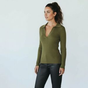 BABATON Aritzia Green McSweeney Ribbed Sweater Collared Deep V Neck Size M
